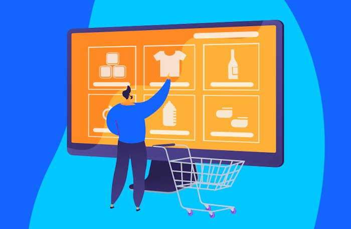 Una grafica di una persona che utilizza piattaforma di commercio online