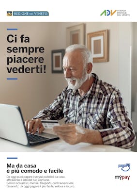 una locandina della Regione Veneto per promuovere i pagamenti elettronici. Nella locandina un cittadino effettua un pagamento al pc