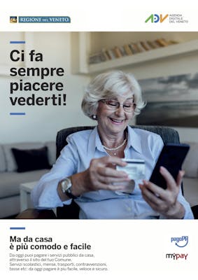 una locandina della Regione Veneto per promuovere i pagamenti elettronici. Nella locandina una cittadina effettua un pagamento dal cellulare