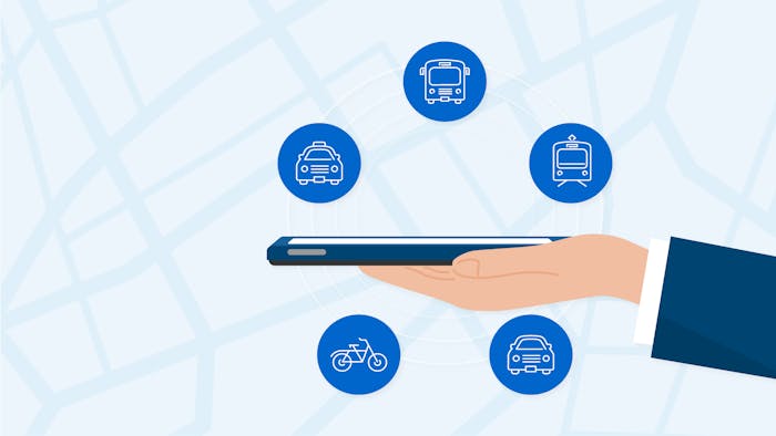grafica con uno smartphone e icone di mezzi di trasporto