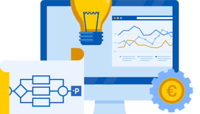 icona di un computer con matita e lampadina