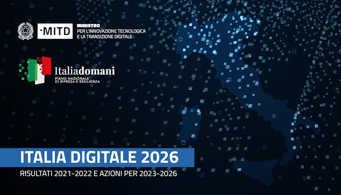 la copertina della relazione Italia digitale 2026 con l'immagine di un'Italia pixelata