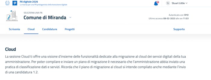 PA digitale 2026, esempio di pagina sezione Cloud