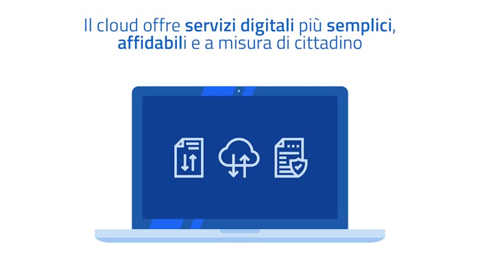 un computer con sopra la scritta "il cloud offre servizi digitali più semplici, affidabili e a misura di cittadino"