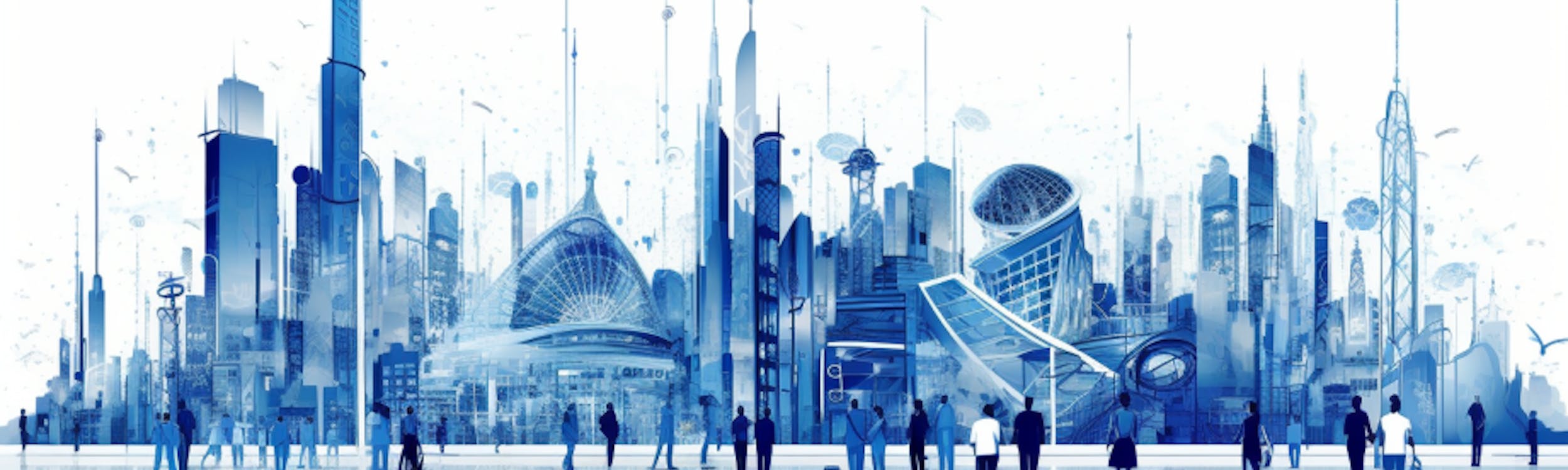 Immagine astratta con cittadini e metropoli del futuro di sfondo