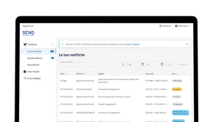 il portale di Send piattaforma notifiche