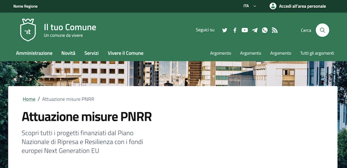 L'esempio di un sito comunale nella pagina dedicata all'attuazione delle misure PNRR