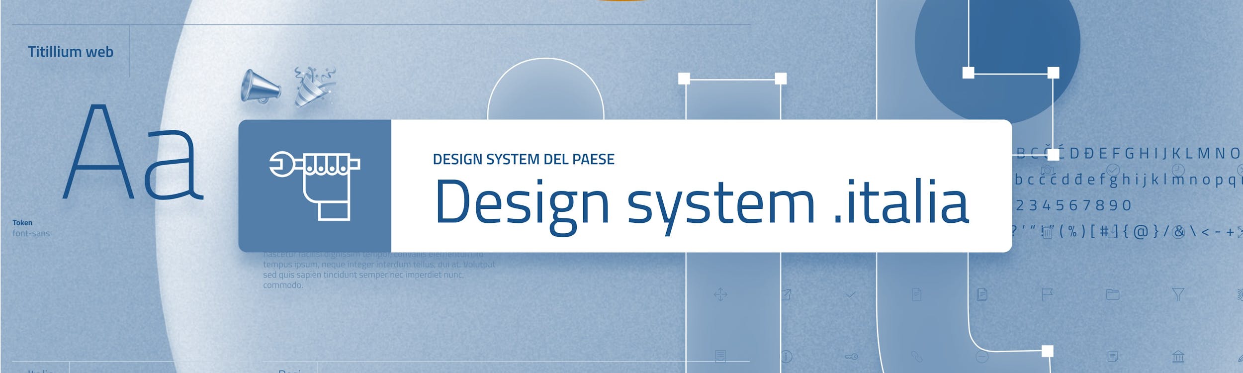 una tavola grafica con font e disegni grafici. al centro la scritta design system .italia
