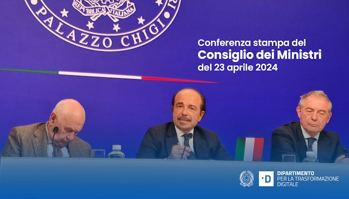Foto con i Ministri Carlo Nordio (Giustizia), Adolfo Urso (Imprese e Made in Italy), e il Sottosegretario con delega all'Innovazione, Alessio Butti
