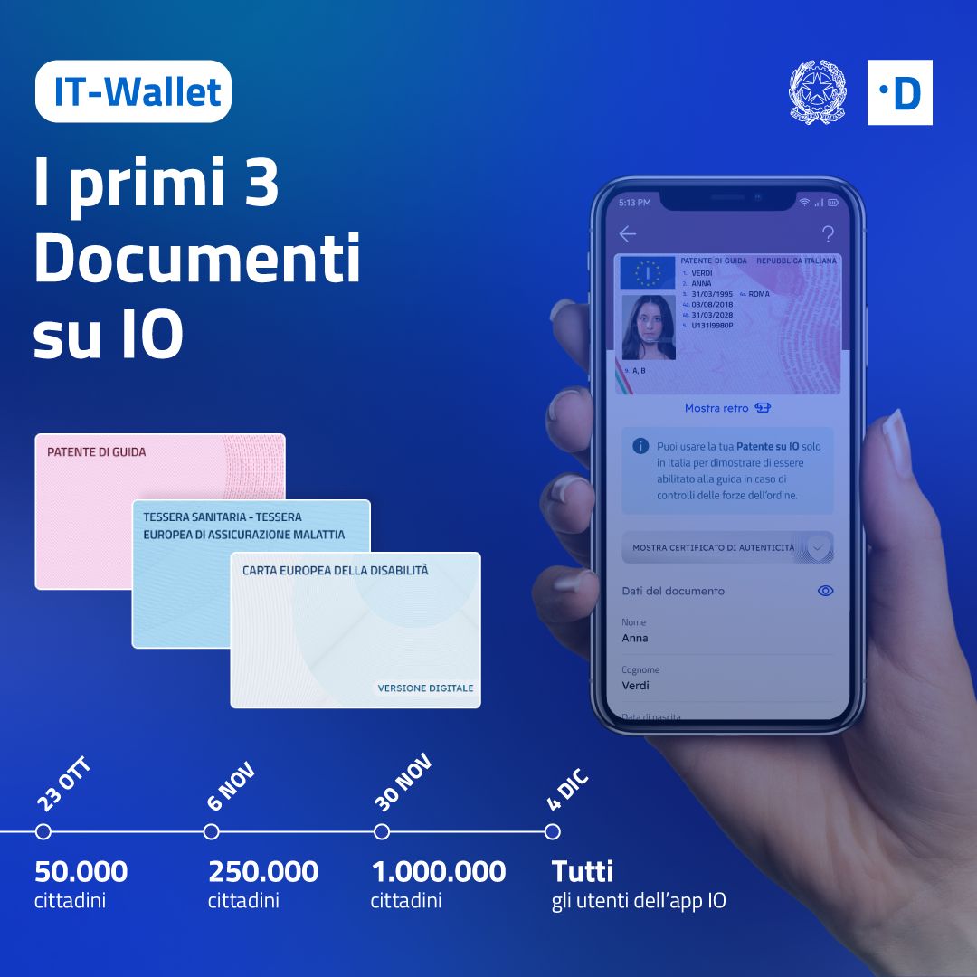 IT-Wallet: tre documenti digitali su app IO per i primi 50.000 cittadini