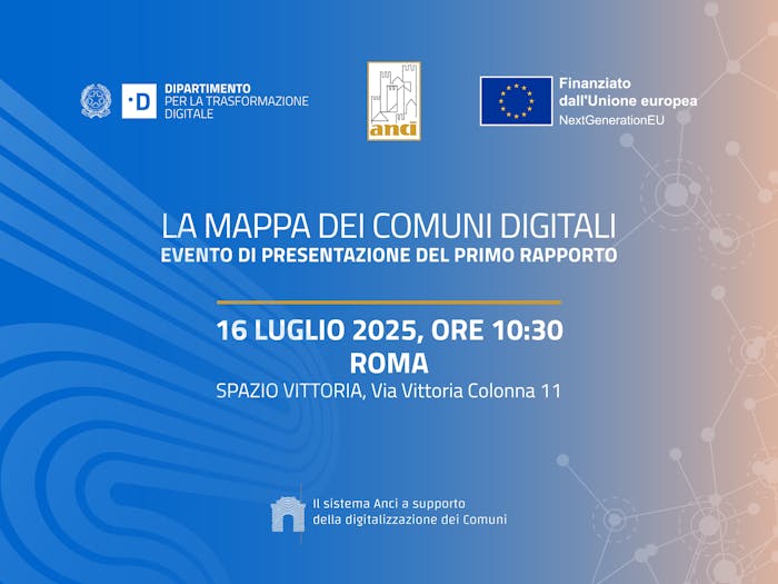 la locandina dell'evento ANCI DTD per la presentazione della Mappa dei Comuni digitali