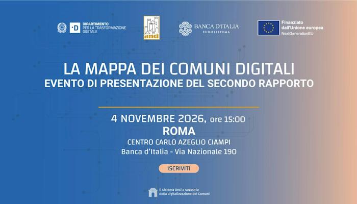 Locandina dell'evento di presentazione della Mappa dei Comuni digitali a Roma il 4 novembre alle ore 15:00